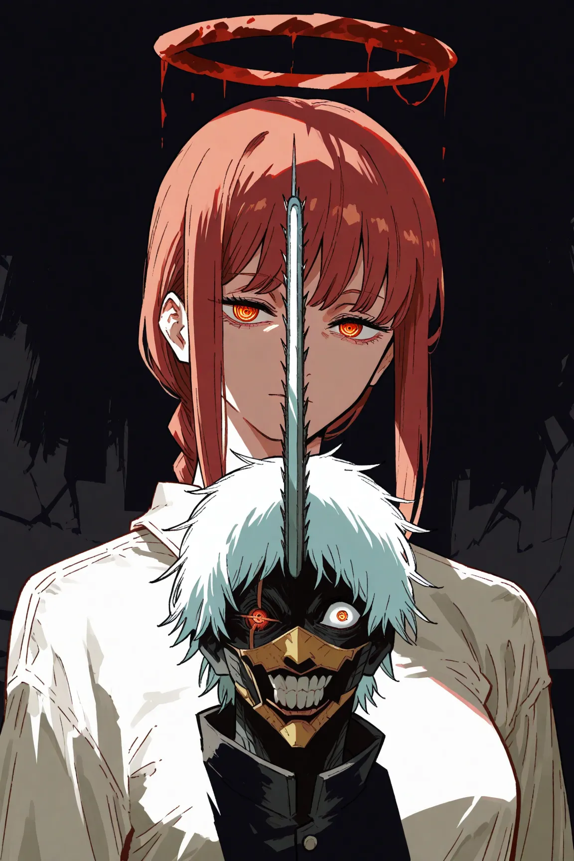 Anime Style, Split Image, Makima (Chainsaw Man) With Red Hair and Halo, Gojo Satoru with White Hair and Halo, SecARATED by a black link, intestie Eye Color, Deetild Facial Features, Minimalist Background, Contrasting Light