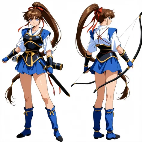 score_9, score_8_up, score_7_up,1990s \(style\),anime coloring,valkyrie,miko,BREAK,1girl, Amatsu_Ai, brown hair, ponytail, very long hair, ribbon, hair ribbon, hair bow, breasts, blue eyes, bangs, purple eyes, high ponytail, full body,BREAK, hagoromo, blue...