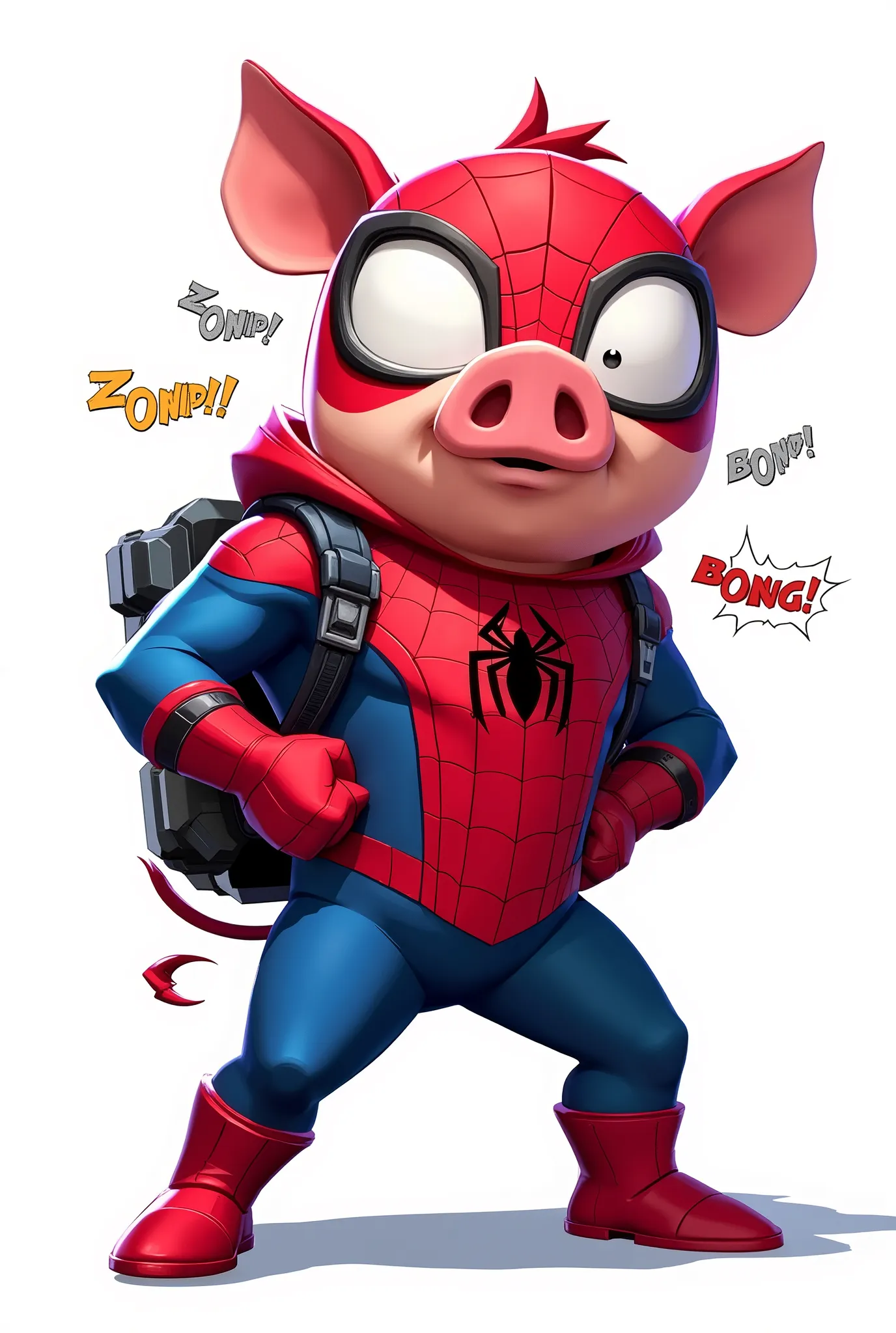 Imagine Spider-Ham from Marvel Comics reimagined for the Marvel Rivals video game by NetEase Games. He is an anthropomorphic cartoon pig dressed in a red and blue Spider-Man suit, complete with exaggerated black webbing and large expressive white eyes. His...