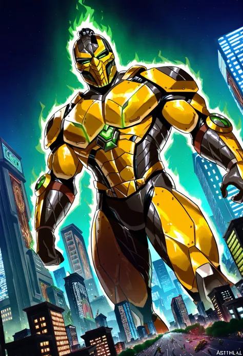 Cyrax, robot, Mortal Kombat, dutch angle, male, gradient coloring, villain, end boss, overpowering, glowing aura, (macro in miniscule city:1.5), causing destruction, BREAK very awe, aesthetically pleasing, masterpiece, best quality, amazing quality, very a...
