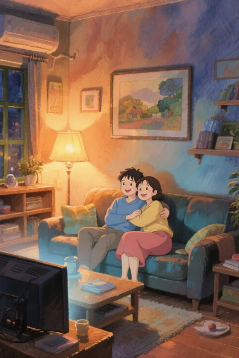 fusion of watercolor, acrylic and oil painting, warm colors, ultra detailed, absolutely resolution, masterpiece, In the living room in the evening, a couple cuddle while watching a movie on the sofa, with happy, relaxed expressions on their faces, the space is like a scene from a movie, Ghibli style, conceptual installation art