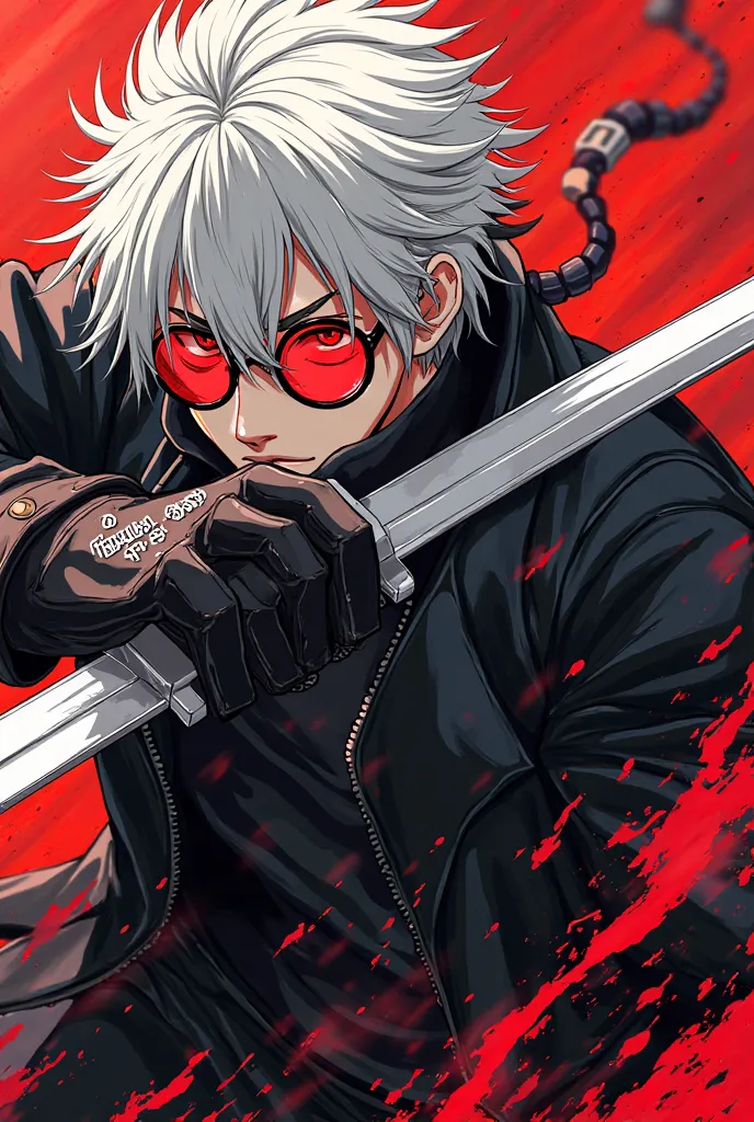 A dynamic and intense image illustration of a character with a, dark coat and wielding a big sword. The figure is placed in an action-oriented pose, with sword held diagonally over the body, that shines with sharp reflections of light. The character's expression is fierce and decisive, with a touch of madness, accented by bright circular glasses that hide the eyes. His hair is pointed and light-colored, contrasting with dark clothes. The image employs a palette of austere colors with deep blacks, bright whites, and vibrant red accents, , , which contributes to the dramatic and energetic atmosphere. long work of art. Graphic lines and striking lines add a sense of movement and intensity. The character's glove features a text, adding a mysterious element .  The name of the artist , Ksuwabe, appears in the corner, that affirm the distinctive style and skilful execution of this striking. I want Subaru Natsuki from the novel Re:Zero is seen Hasi