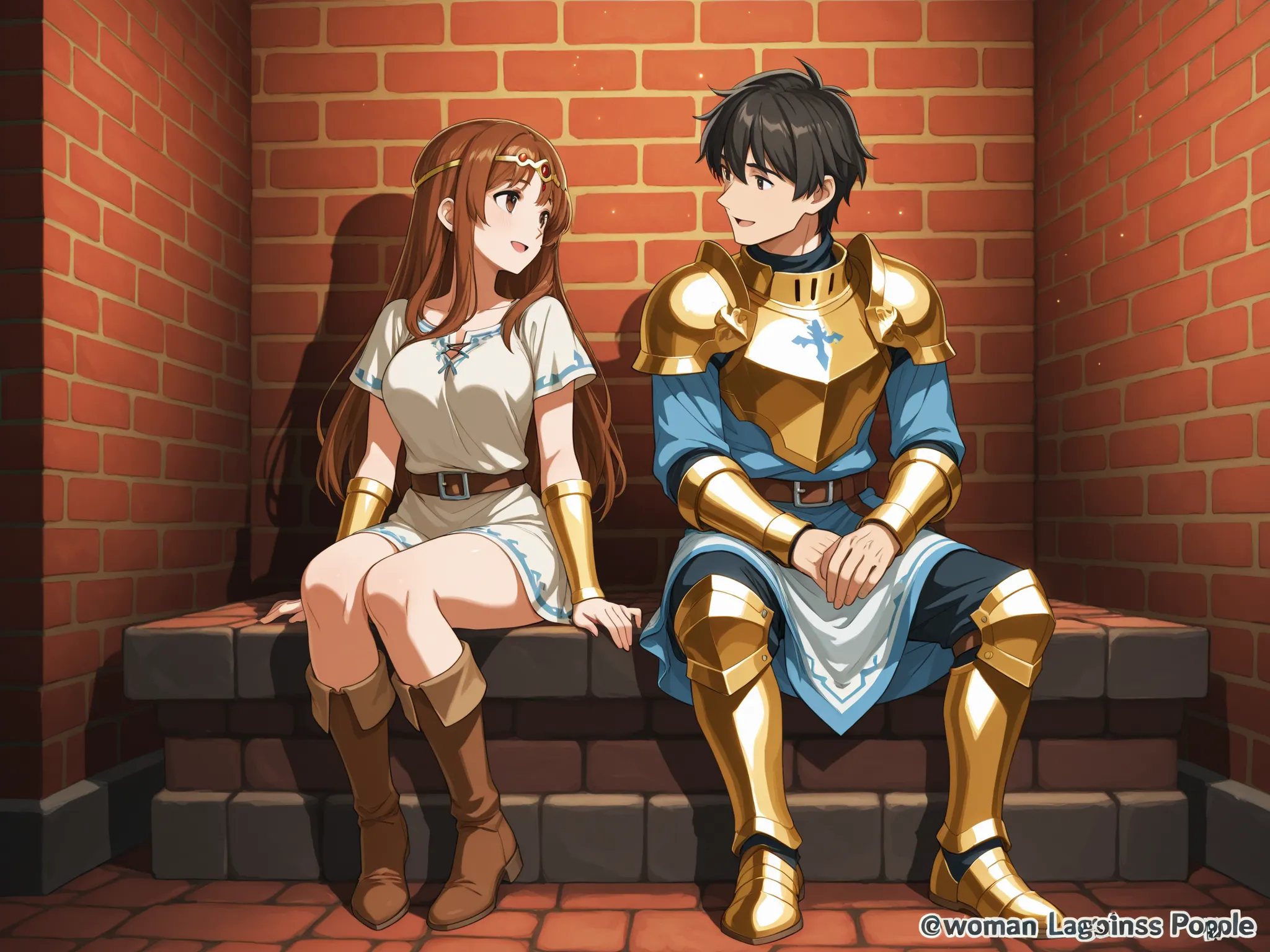 Two adult people inside a red brick dungeon, looking lovingly at each other, in full view in a highly detailed anime style BREAK 1girl, woman with long brown hair wearing a circlet short tunic and tall hide boots BREAK 1boy a male knight with black hair an...