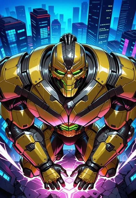 Cyrax, robot, Mortal Kombat, top view, male, gradient coloring, villain, end boss, overpowering, (macro in miniscule city), causing extreme destruction, kneeling ynamic pose, BREAK very awe, aesthetically pleasing, masterpiece, best quality, amazing qualit...