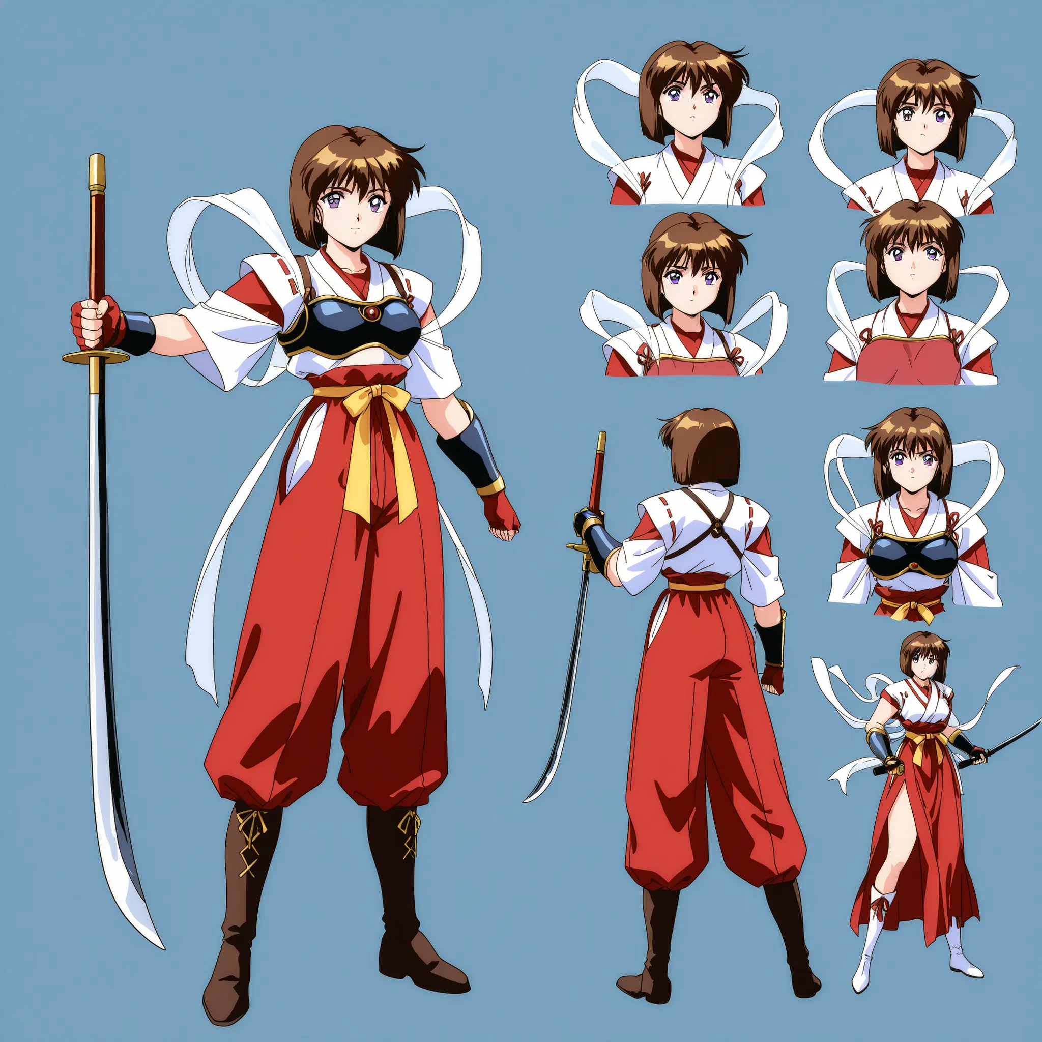 score_9, score_8_up, score_7_up,1990s \(style\),anime coloring,valkyrie,miko,BREAK,1girl, Amatsu_Mai, brown hair, short hair, breasts, purple eyes, bob cut, bangs, full body,BREAK, hagoromo, red gloves, fingerless gloves,sash, skirt, japanese clothes, obi,...