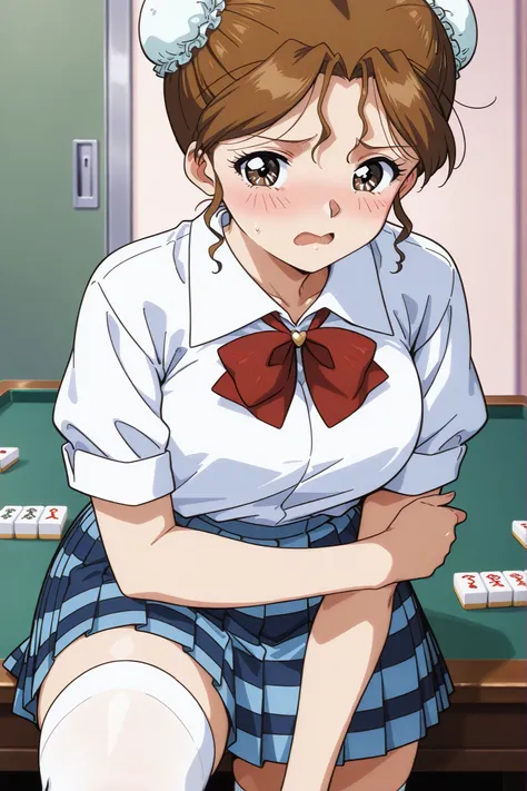 1girl,solo,masterpiece,best quality,general,sr5_akira,retro artstyle, brown eyes, brown hair, bun cover, school uniform,  white shirt, collared shirt, blue skirt, plaid skirt,white thighhighs,mahjong, mahjong table, whole body,embarrassed,blush,shy,undress...