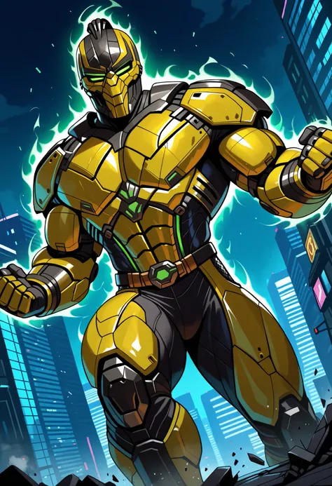 Cyrax, robot, Mortal Kombat, dutch angle, male, gradient coloring, villain, end boss, overpowering, aura, (macro in miniscule city), topless, causing destruction, dynamic pose, BREAK very awe, aesthetically pleasing, masterpiece, best quality, amazing qual...