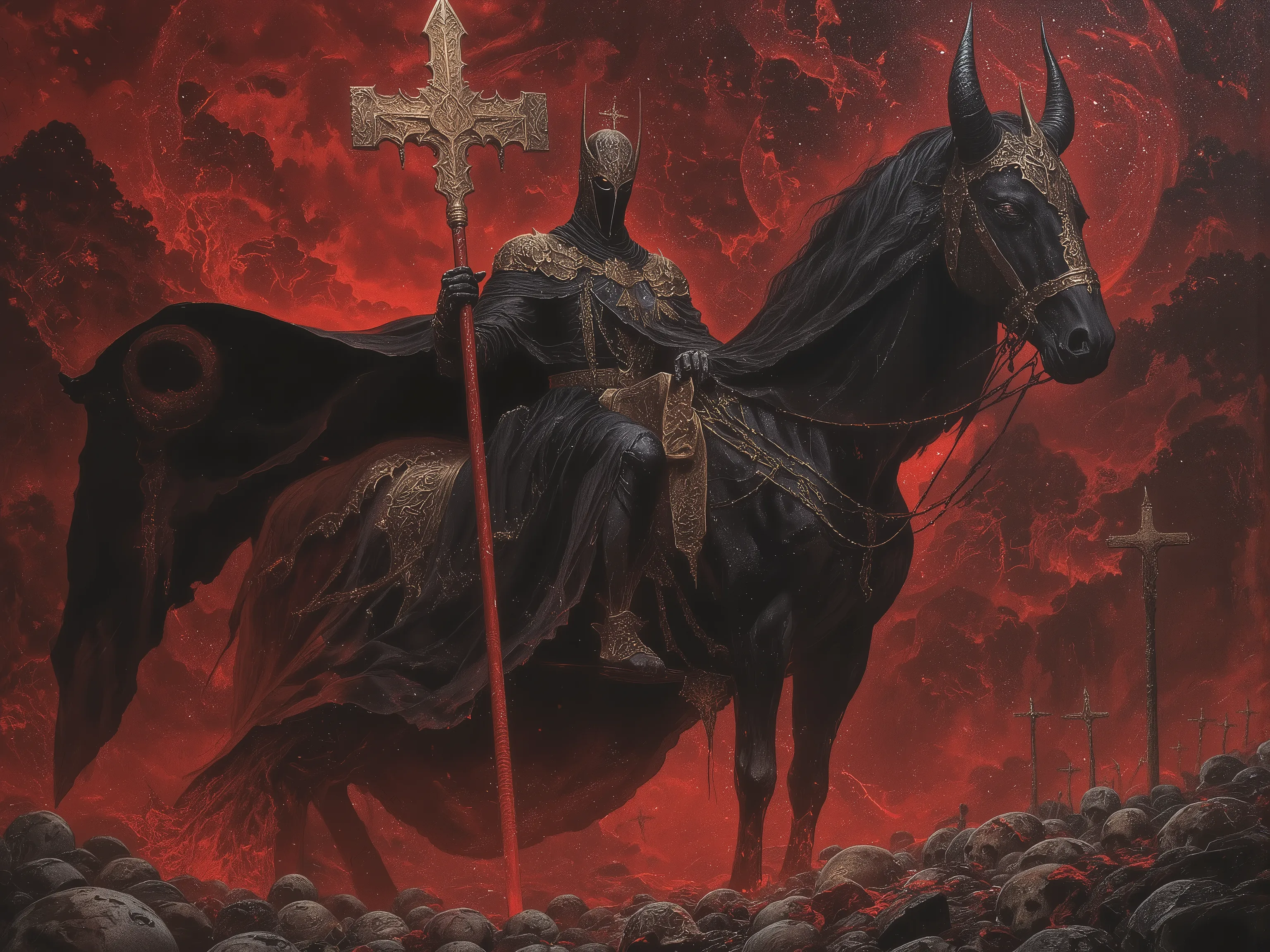 wide shot,Huge body,inquisitor,witch hanter,An intimidating on horseback,Wearing fullbody black robe,Face is covered with black cloth and priest diadem,rising a big blood-red effected warhammer,Dignity,Big Horned black Horse in black cloth,rampage,Wild Hor...