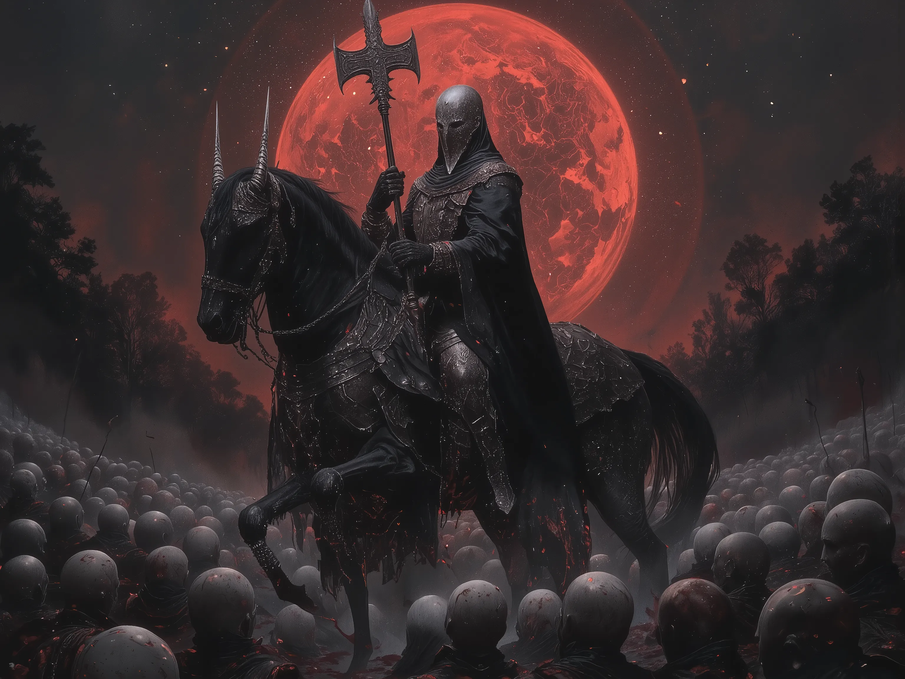 wide shot,Huge body,inquisitor,witch hanter,An intimidating on horseback,Wearing fullbody black robe,Face is covered with black cloth and priest diadem,rising a big blood-red effected warhammer,Dignity,Big Horned black Horse in black cloth,rampage,Wild Hor...