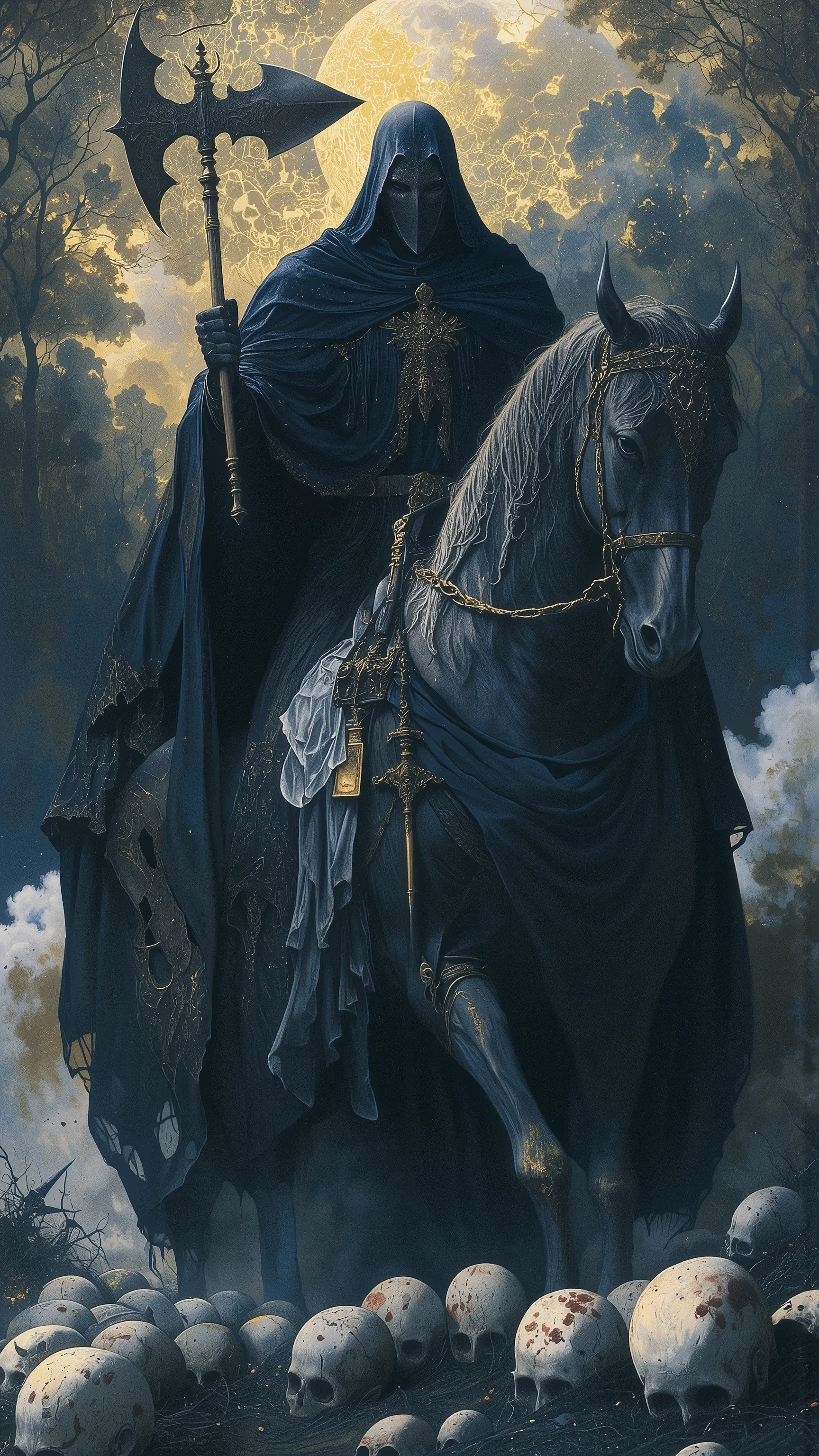 hefty formidable Huge body,inquisitor,witch hanter,An intimidating on horseback,Wearing fullbody black robe,Face is covered with black cloth and priest diadem,rising a big Guillotine axe,Dignity,Big Horned black Horse in black cloth,rampage,Wild Horse,many...