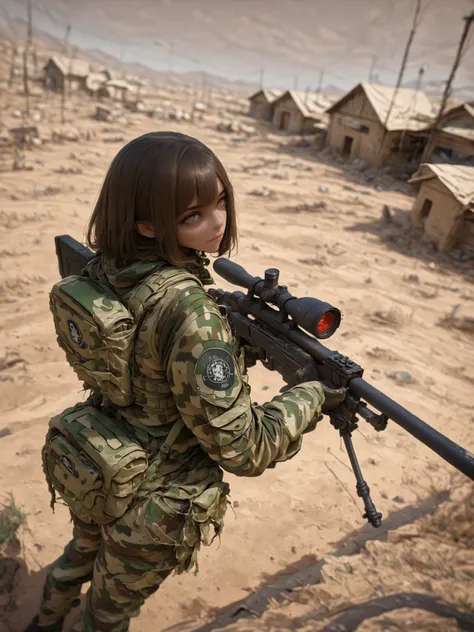 capa negra,Sniper,war zone,country Iraq,desert area,broken rags hanging,mud houses,Slums,depth of field, high definition image, a lot of details,cinematic lighting, atmospheric lights,  ultra detailed, bloom, dramatic atmosphere, centered, rule of thirds, ...