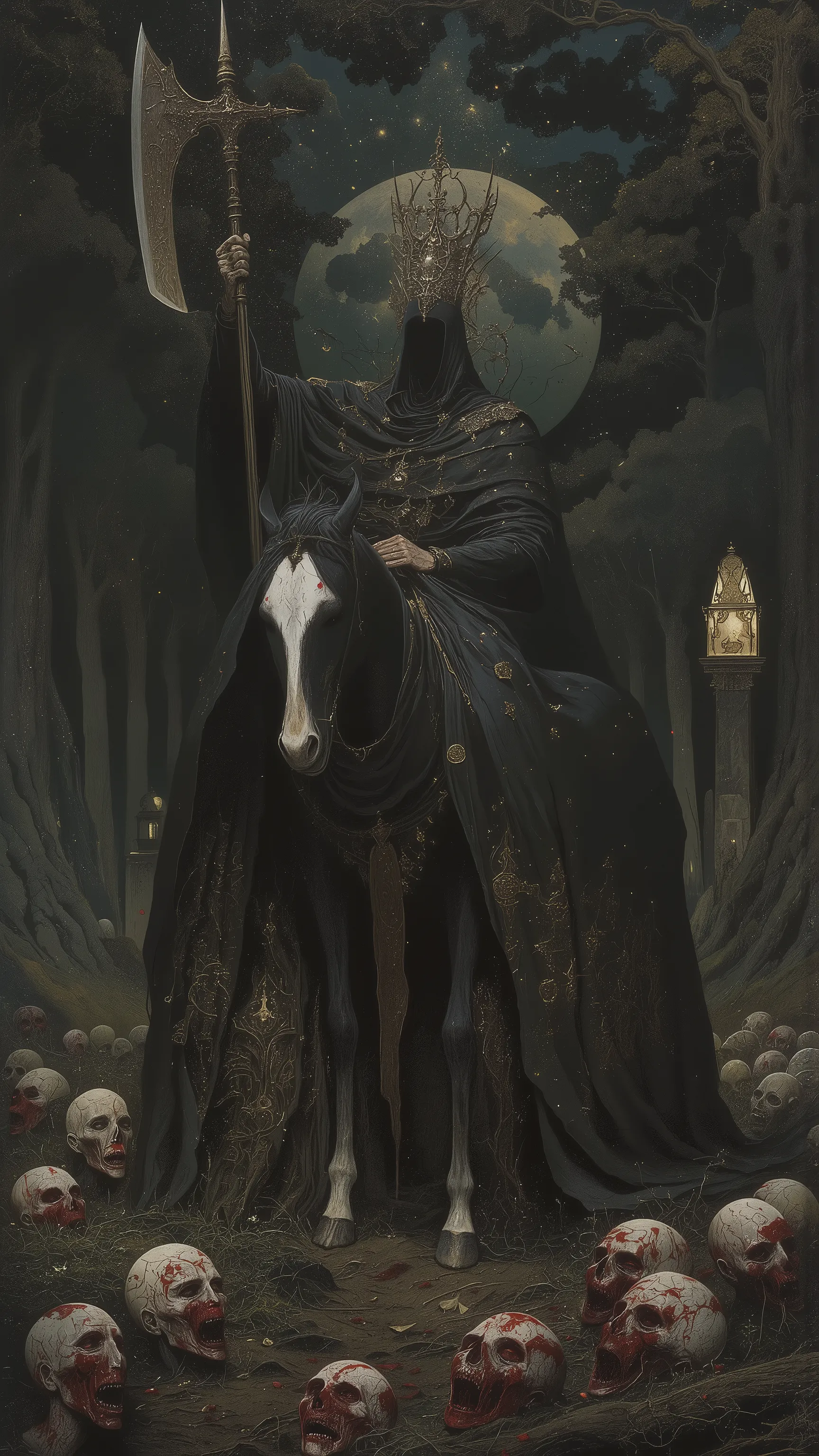 hefty formidable Huge body,inquisitor,witch hanter,An intimidating on horseback,Wearing fullbody black robe,Face is covered with black cloth and priest diadem,rising a big Guillotine axe,Dignity,Big Horned black Horse in black cloth,rampage,Wild Horse,many...