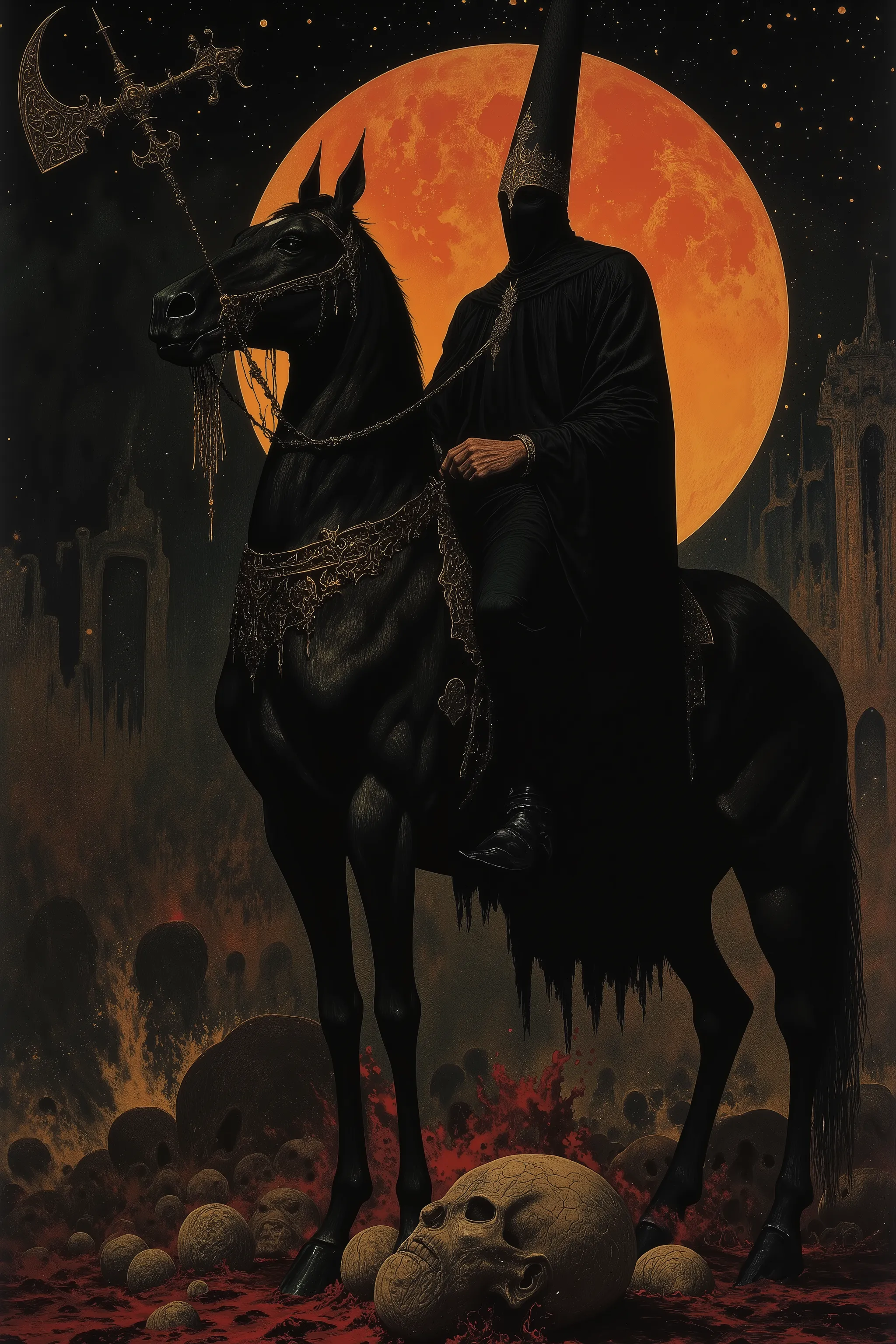 hefty formidable Huge body,inquisitor,witch hanter,An intimidating on horseback,Wearing fullbody black robe,Face is covered with black cloth and priest diadem,rising a big Guillotine axe,Dignity,Big Horned black Horse in black cloth,rampage,Wild Horse,many...