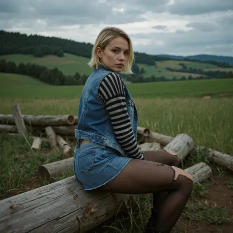 A captivating young woman with light skin and a short, sleek platinum blonde bob sits on a weathered tree log in the foreground of an open countryside meadow. She wears a distressed denim vest over a black-and-white striped long-sleeve shirt, a perfectly b...
