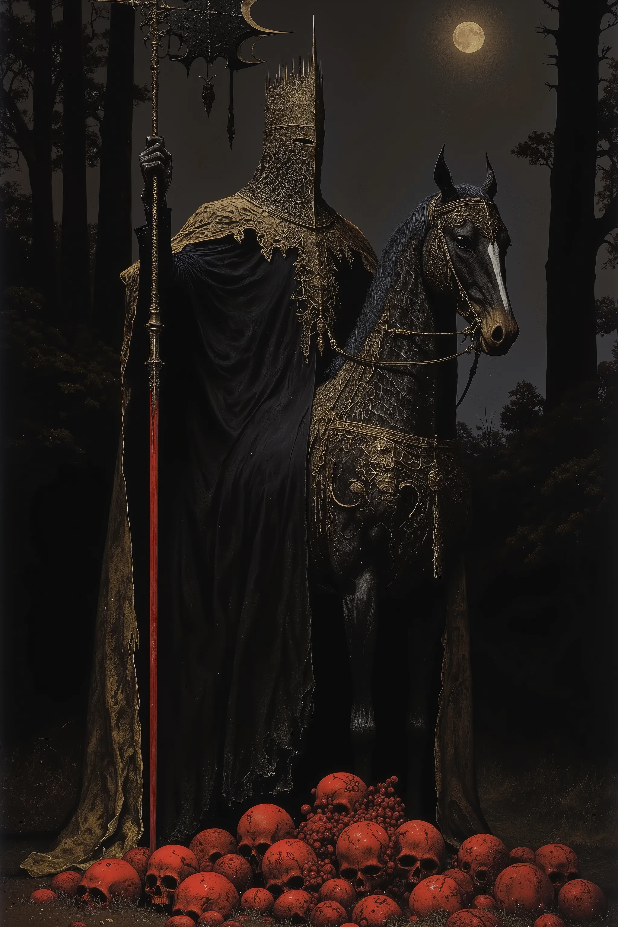 hefty formidable Huge body,inquisitor,witch hanter,An intimidating on horseback,Wearing fullbody black robe,Face is covered with black cloth and priest diadem,rising a big Guillotine axe,Dignity,Big Horned black Horse in black cloth,rampage,Wild Horse,many...