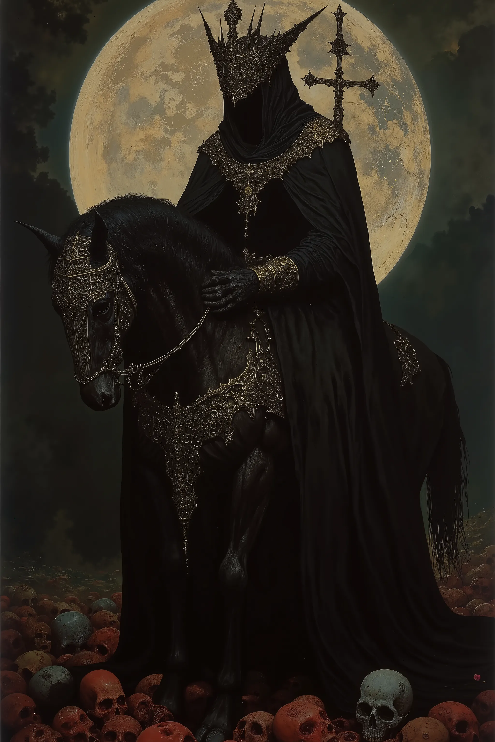 hefty formidable Huge body,inquisitor,witch hanter,An intimidating on horseback,Wearing fullbody black robe,Face is covered with black cloth and priest diadem,rising a big Guillotine axe,Dignity,Big Horned black Horse in black cloth,rampage,Wild Horse,many...