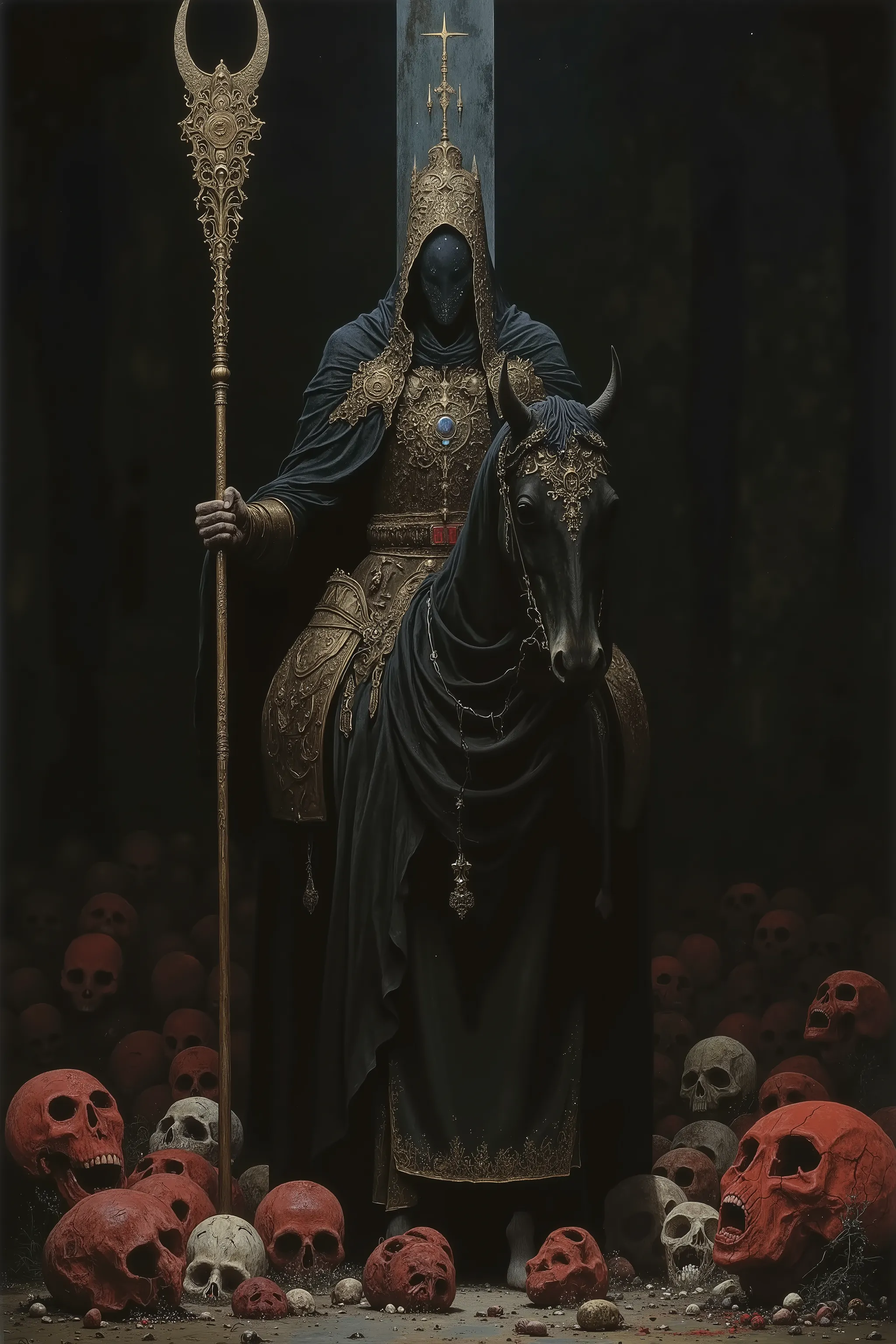 hefty formidable Huge body,inquisitor,witch hanter,An intimidating on horseback,Wearing fullbody black robe,Face is covered with black cloth and priest diadem,rising a big Guillotine axe,Dignity,Big Horned black Horse in black cloth,rampage,Wild Horse,many...