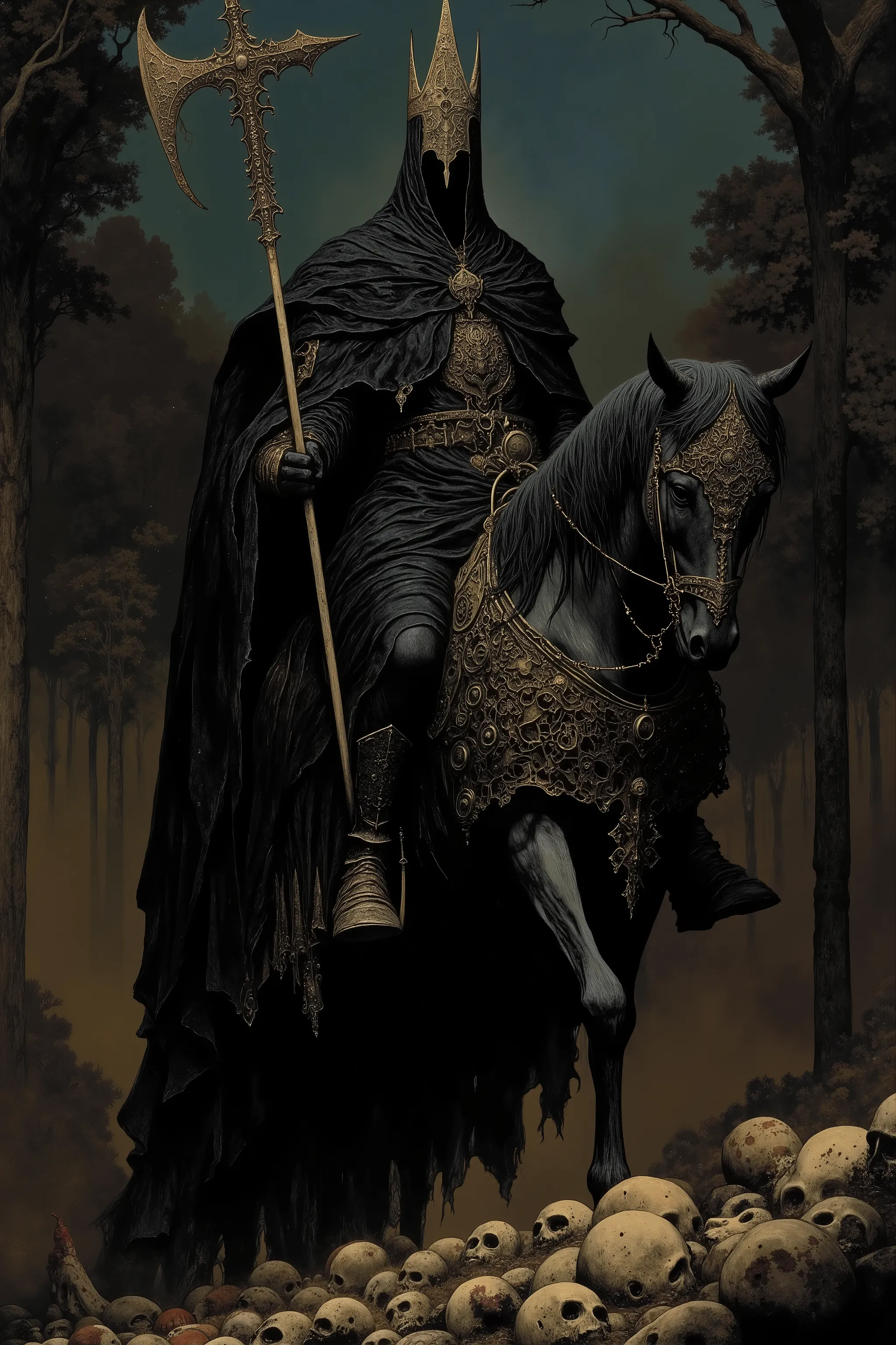 hefty formidable Huge body,inquisitor,witch hanter,An intimidating on horseback,Wearing fullbody black robe,Face is covered with black cloth and priest diadem,rising a big Guillotine axe,Dignity,Big Horned black Horse in black cloth,rampage,Wild Horse,many...
