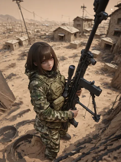 capa negra,Sniper,war zone,country Iraq,desert area,broken rags hanging,mud houses,Slums,depth of field, high definition image, a lot of details,cinematic lighting, atmospheric lights,  ultra detailed, bloom, dramatic atmosphere, centered, rule of thirds, ...