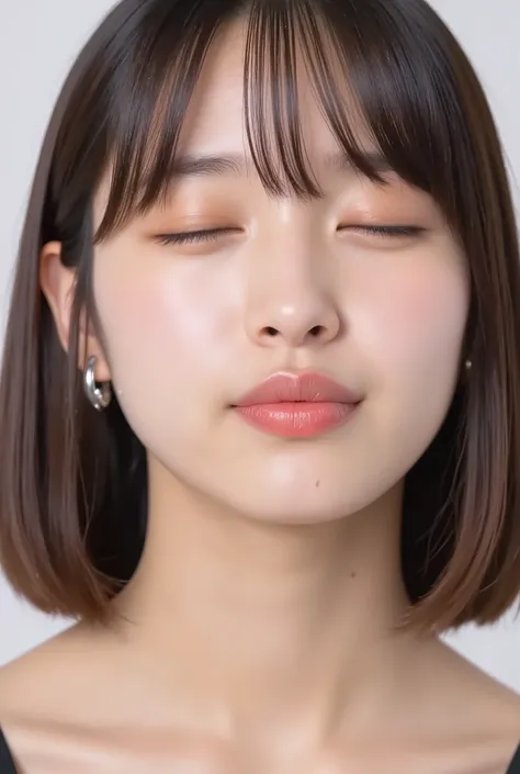ultra-detailed close-up of a beautiful girl, collarbone-up composition, white studio background, soft natural lighting, slightly elevated camera angle (around 35 degrees), full face and head visible in frame, chin slightly raised, eyes gently closed, deepl...