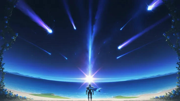 masterpiece, concept art , Panorama, Vine , shape, Wide Shot , garden, Knight , (meteor), space galaxy background , ( Great Composition, epic scale), Dynamic Lighting, bright color, Blue Rose ,landscape overlooking the ocean, long eyelashes,...