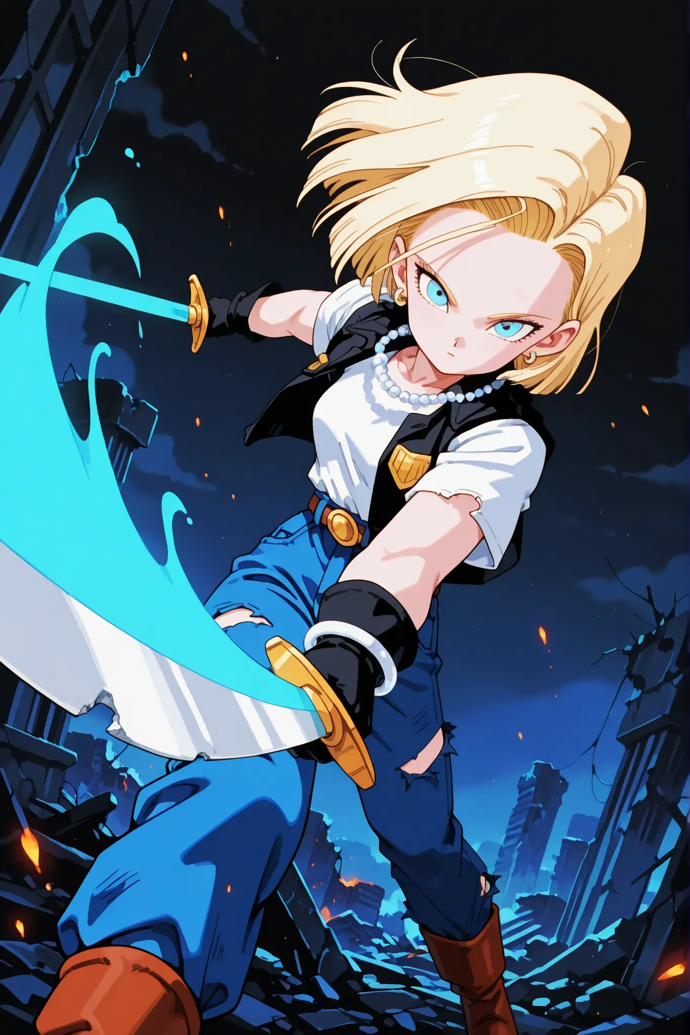 SmoothNoob_Quality, Dynamic composition, One girl, Hands holding sword, Hands drawing sword, Uniform, Solo, Looking at viewer, Bangs, Long hair, Mouth closed, Embers, Black background, Boots, Dynamic pose, Dutch angle, Foreshortening, Dusk, Glow, Night cit...