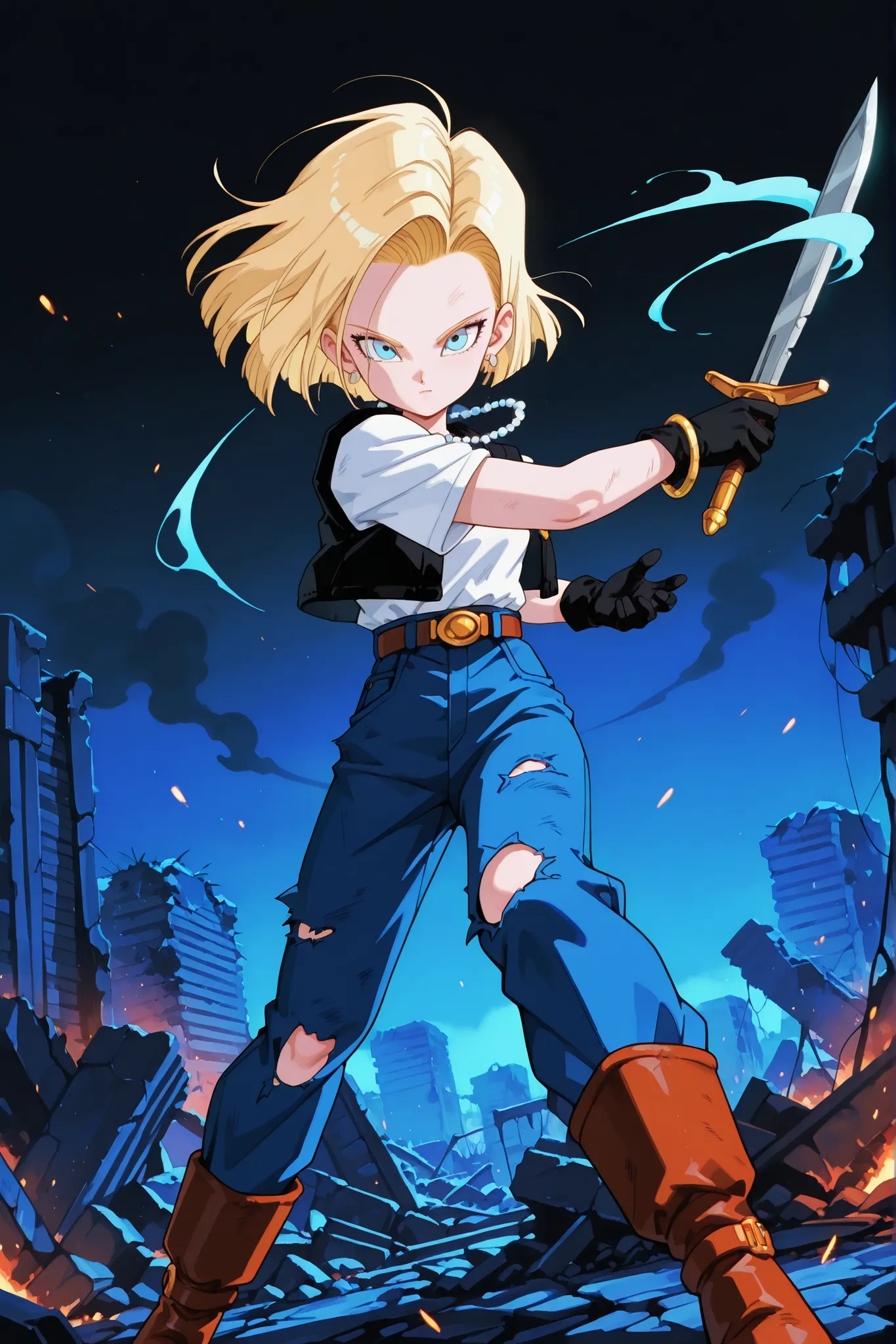 SmoothNoob_Quality, Dynamic composition, One girl, Hands holding sword, Hands drawing sword, Uniform, Solo, Looking at viewer, Bangs, Long hair, Mouth closed, Embers, Black background, Boots, Dynamic pose, Dutch angle, Foreshortening, Dusk, Glow, Night cit...