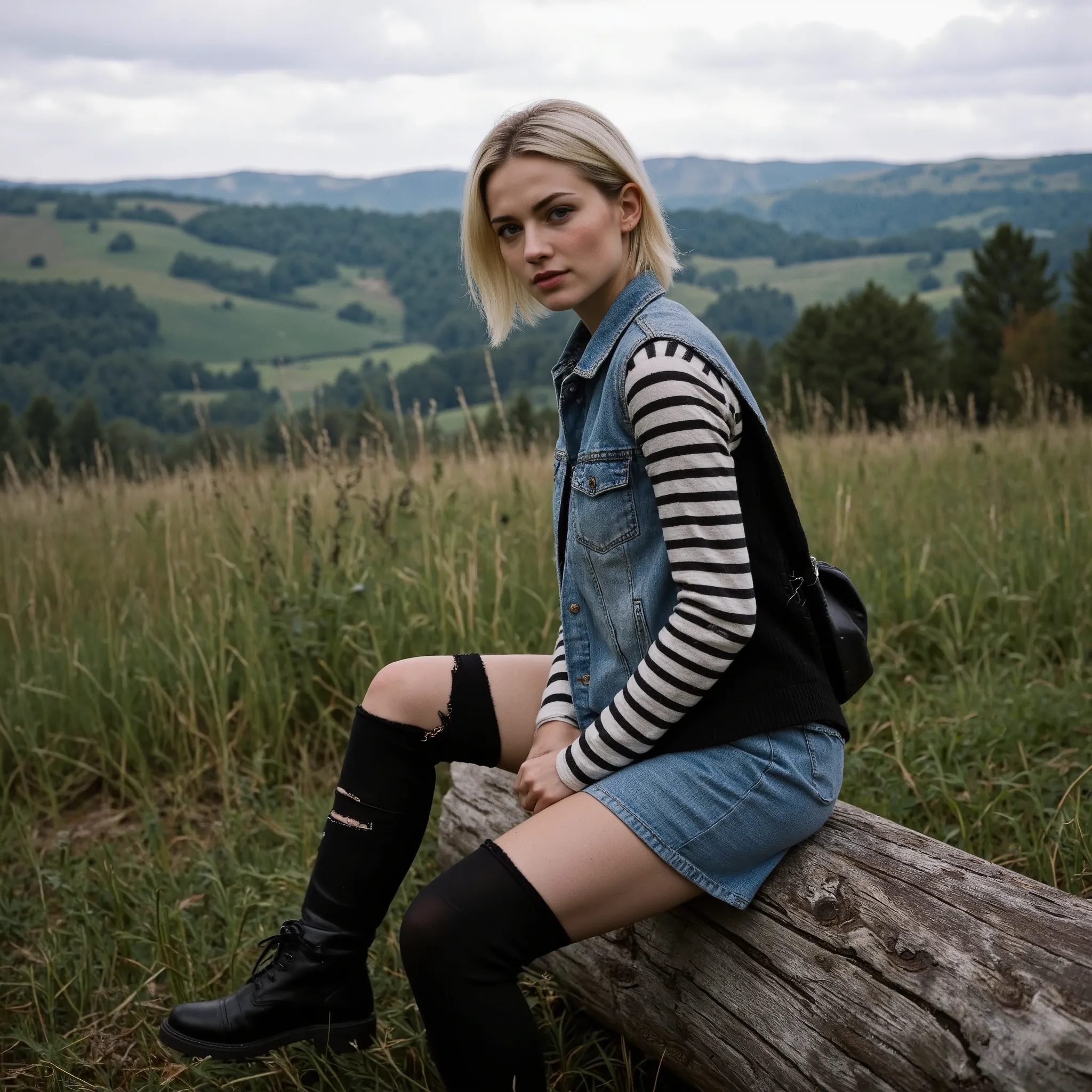 A captivating young woman with light skin and a short, sleek platinum blonde bob sits on a weathered tree log in the foreground of an open countryside meadow. She wears a distressed denim vest over a black-and-white striped long-sleeve shirt, a perfectly b...