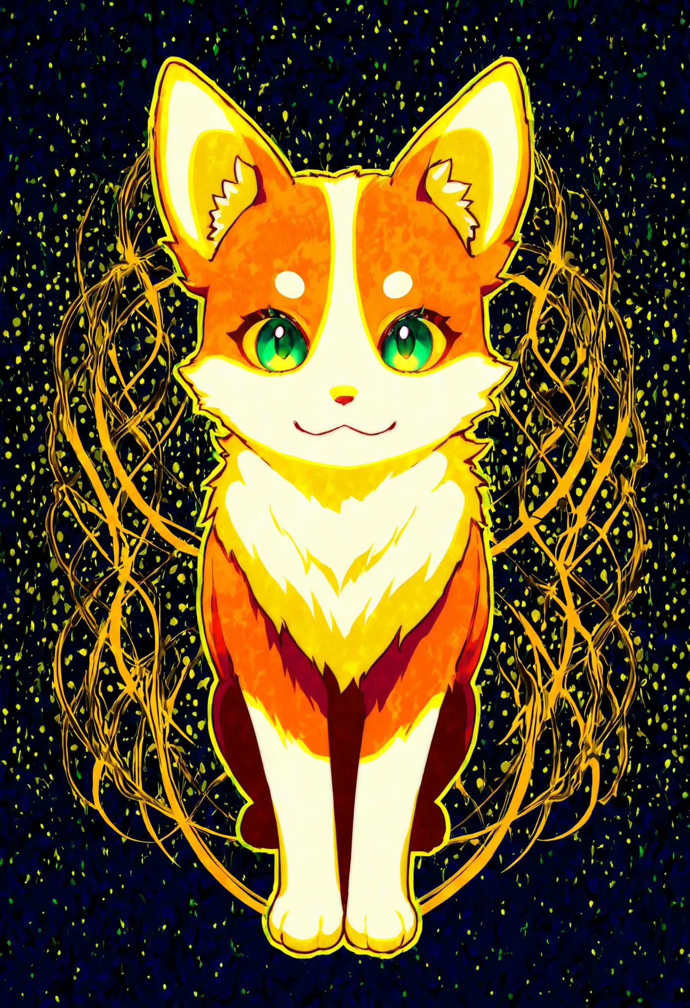 This image、Rendered with astonishingly bold colors and dynamic brushstrokes、The interplay of light and shadow on the cat's face has been meticulously crafted。The cat Chihuahua's fur conveys a three-dimensional effect、orange、green、There are splashes of colo...