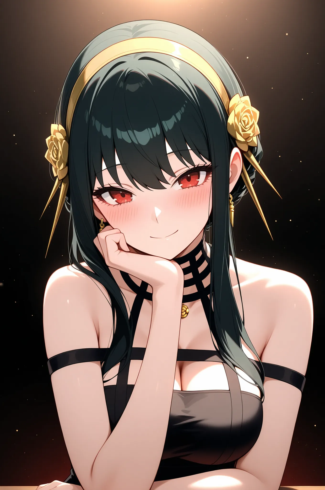 
masterpiece, best quality, very aesthetic,solo, yor briar, spy x family, black hair, red eyes, blush, smile, closed mouth, black dress, upper body, hand on own chin, looking at viewer,