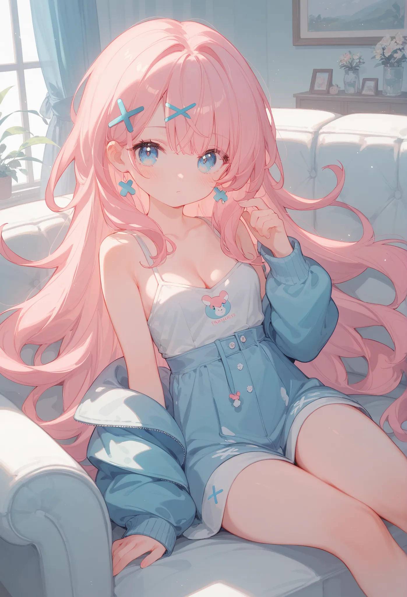 (masterpiece), best quality, highres, ultra-detailed, pastel colors, Girl with long semi-wavy pink hair, tender and bright light blue eyes, Small breasts, adorable blush, adorable face, Tender and adorable body, 
girl laying on a couch in the dark in a dim...