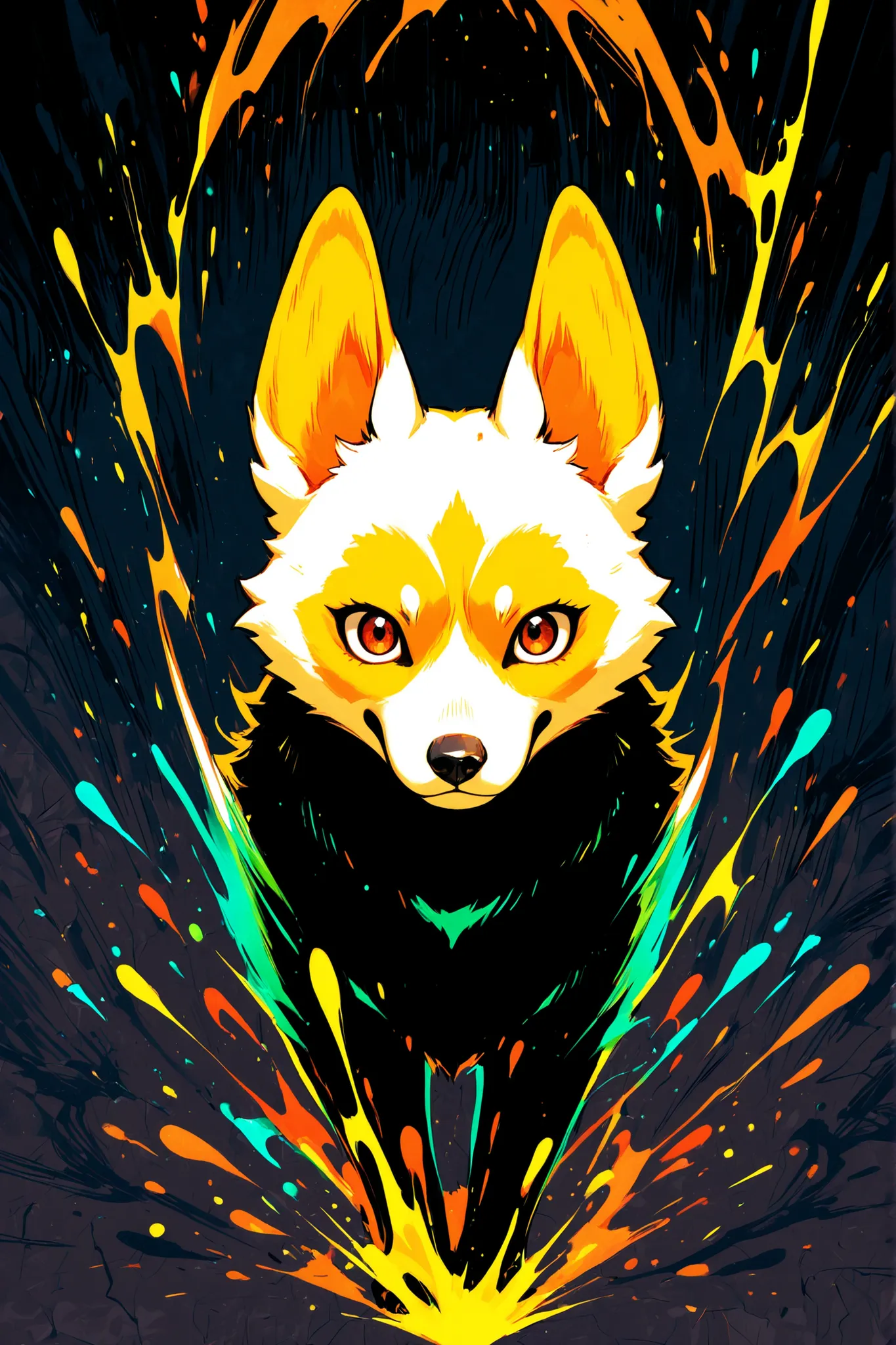 This image、Rendered with astonishingly bold colors and dynamic brushstrokes、shows a vivid, stylized Chihuahua depiction。Chihuahua fur、orange、green、There are splashes of color that add dimension and movement、It creates a vivid contrast with the dark texture...