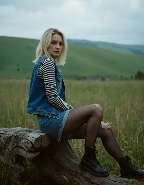 A captivating young woman with light skin and a short, sleek platinum blonde bob sits on a weathered tree log in the foreground of an open countryside meadow. She wears a distressed denim vest over a black-and-white striped long-sleeve shirt, a perfectly b...