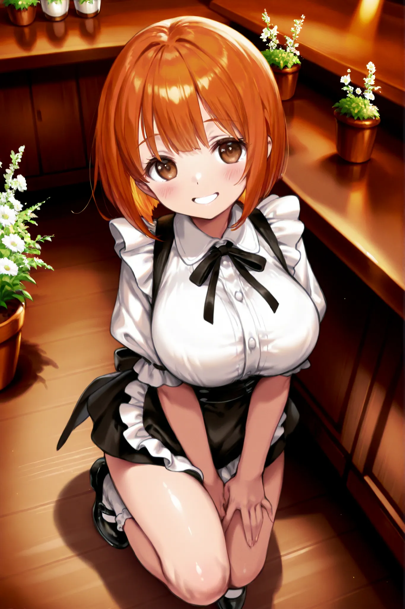 orange bob hair、brown eyes without goods、petite、young、Big Breasts、Full Body、One person、Smiling、かわいいFloristの店員、Florist、across the counter、front、high quality、4K、8K、high resolution、masterpiece、Super Detailed、Studio Lighting、extreme detail、professional、vivid c...