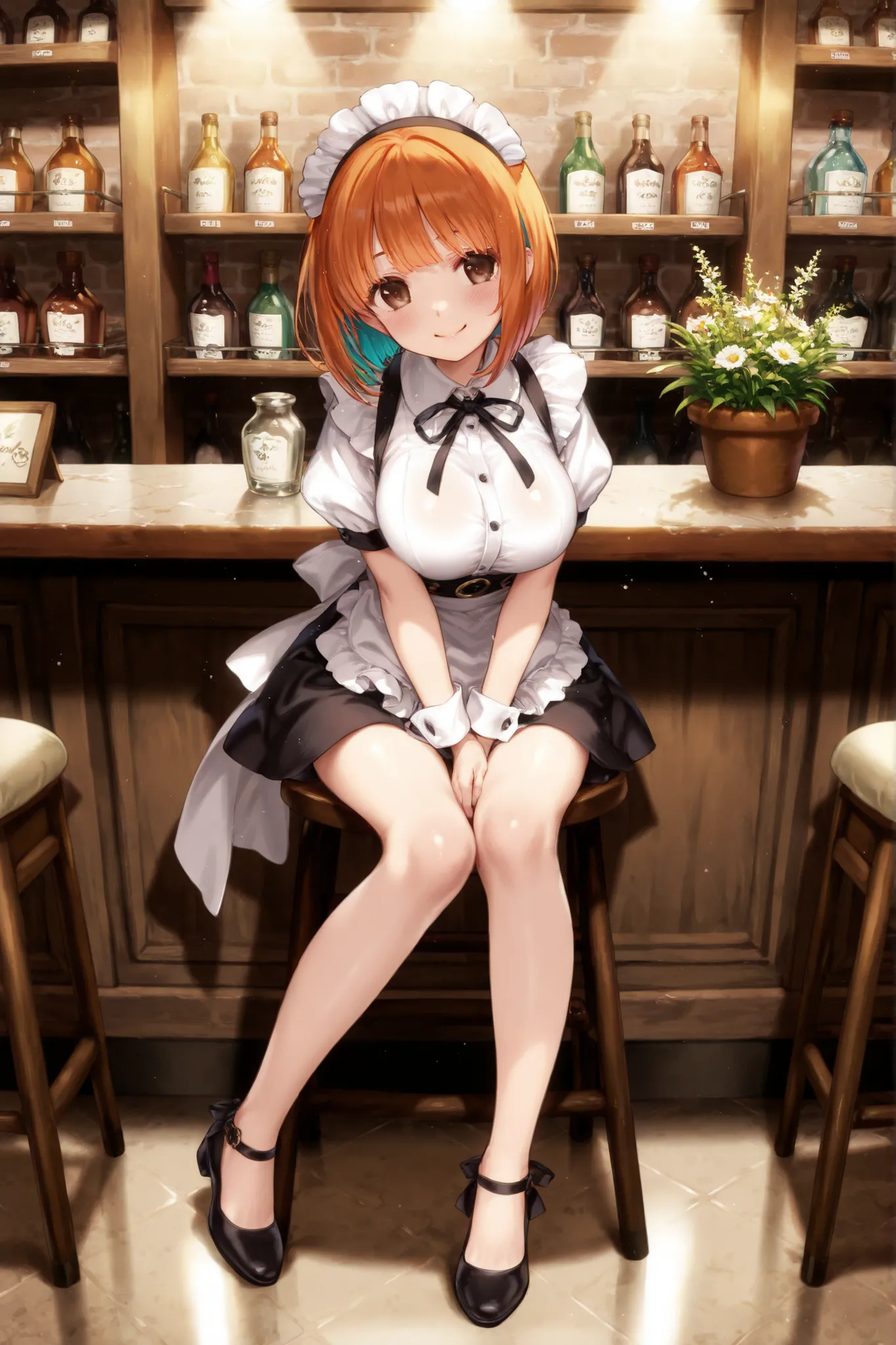 orange bob hair、brown eyes without goods、petite、young、Big Breasts、Full Body、One person、Smiling、ウィンクする、かわいいFloristの店員、Florist、across the counter、front、high quality、4K、8K、high resolution、masterpiece、Super Detailed、Studio Lighting、professional、vivid colors、
