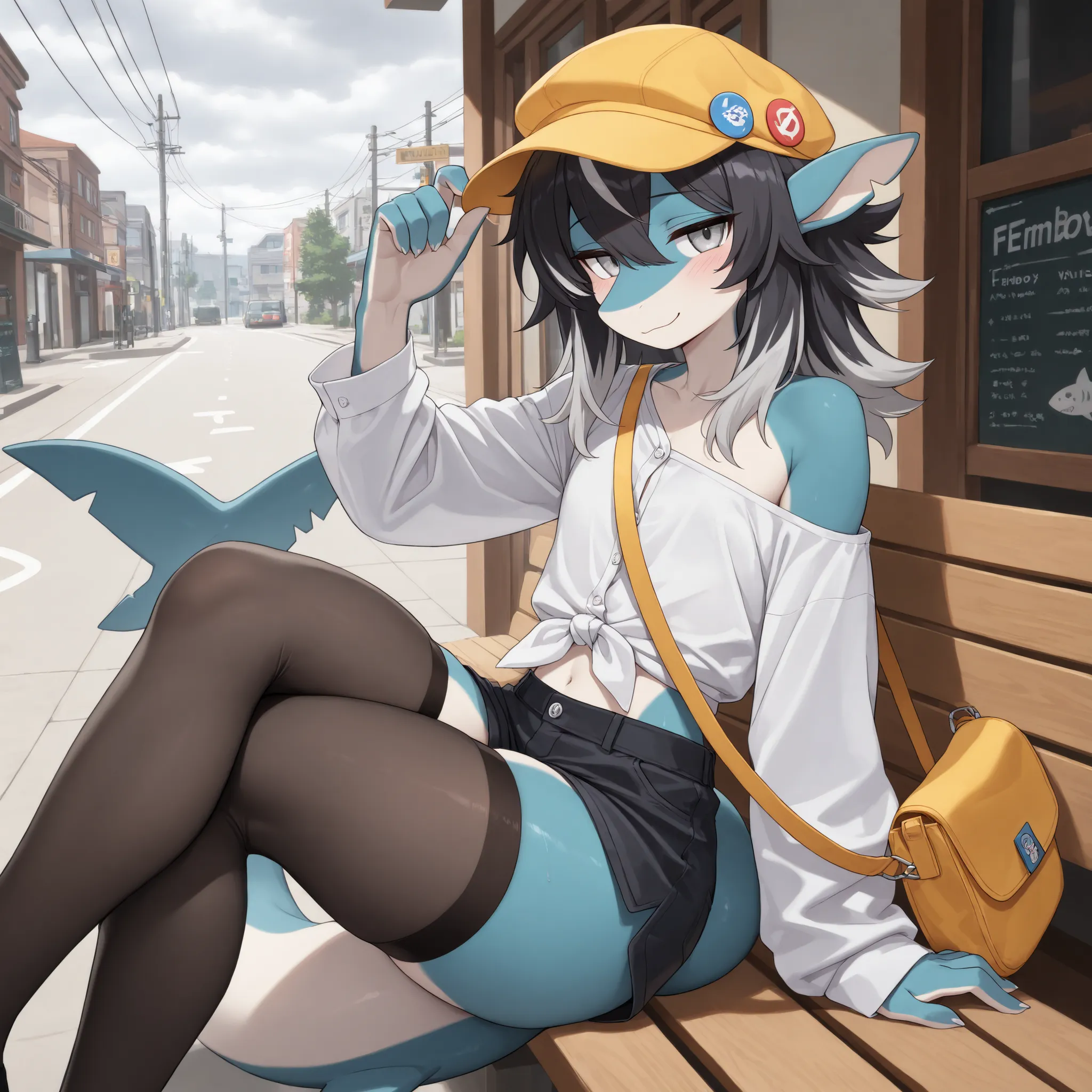 (Masterpiece, Best quality:1.2), (side angle, close up), front porch, street, cloudy, gray sky, detailed shadows, detailed lighting, dark lighting, adult, broad shoulders, 1boy, solo, silver eyes, black hair, silver highlights on hair, medium hair, hair ov...