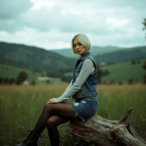 A captivating young woman with light skin and a short, sleek platinum blonde bob sits on a weathered tree log in the foreground of an open countryside meadow. She wears a distressed denim vest over a black-and-white striped long-sleeve shirt, a perfectly b...
