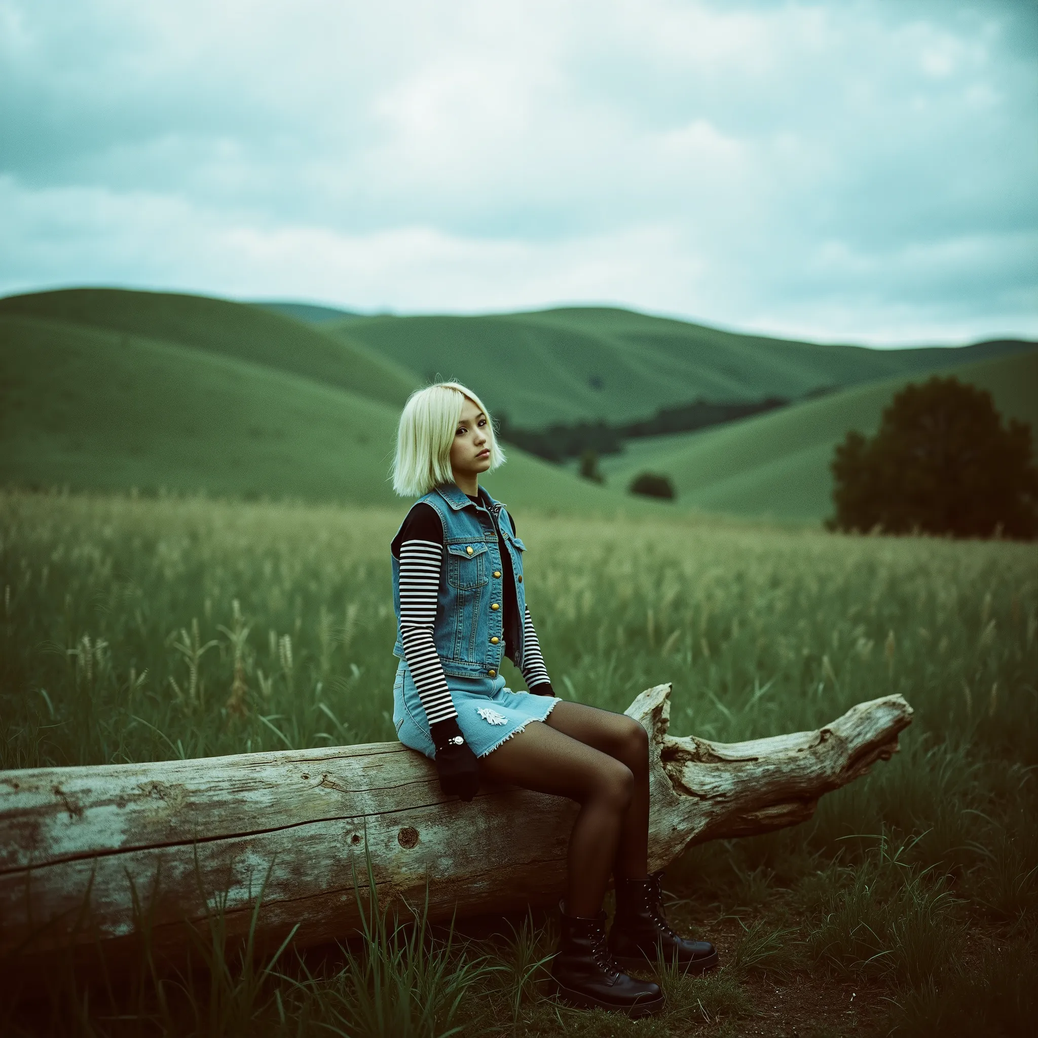 A captivating young woman with light skin and a short, sleek platinum blonde bob sits on a weathered tree log in the foreground of an open countryside meadow. She wears a distressed denim vest over a black-and-white striped long-sleeve shirt, a perfectly b...