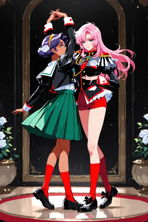 2woman,Shoujo Kakumei Utena,ballroom dance pair dance pose,1girl,( tenjou utena,smile,black jacket, red shorts, red socks, shoesepaulettes, aiguillette, black jacket, red shorts, red socks, white rose, shoesschool uniform, serafuku, sailor collar, green sk...