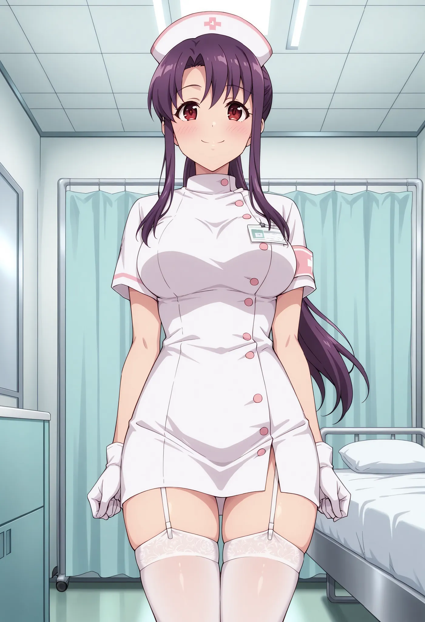 Score_9, score_8_up, score_7_up, source_anime, kitamura_cnr, solo, purple hair, ponytail, sidelocks, red eyes, large breasts, (best quality), (high quality), {masterpiece}, extremely delicate and beautiful, ultra-detailed, beautiful detailed eyes, nurse, n...