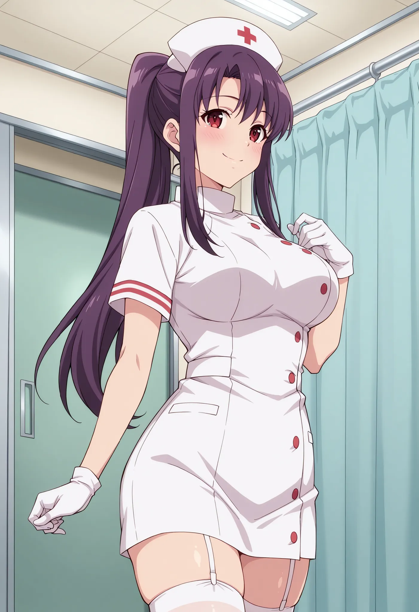 Score_9, score_8_up, score_7_up, source_anime, kitamura_cnr, solo, purple hair, ponytail, sidelocks, red eyes, large breasts, (best quality), (high quality), {masterpiece}, extremely delicate and beautiful, ultra-detailed, beautiful detailed eyes, nurse, n...