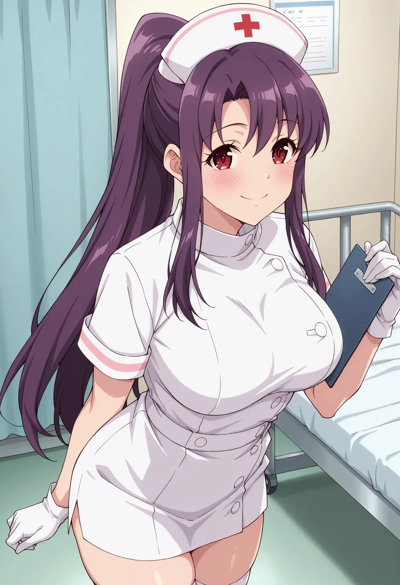 Score_9, score_8_up, score_7_up, source_anime, kitamura_cnr, solo, purple hair, ponytail, sidelocks, red eyes, large breasts, (best quality), (high quality), {masterpiece}, extremely delicate and beautiful, ultra-detailed, beautiful detailed eyes, nurse, n...