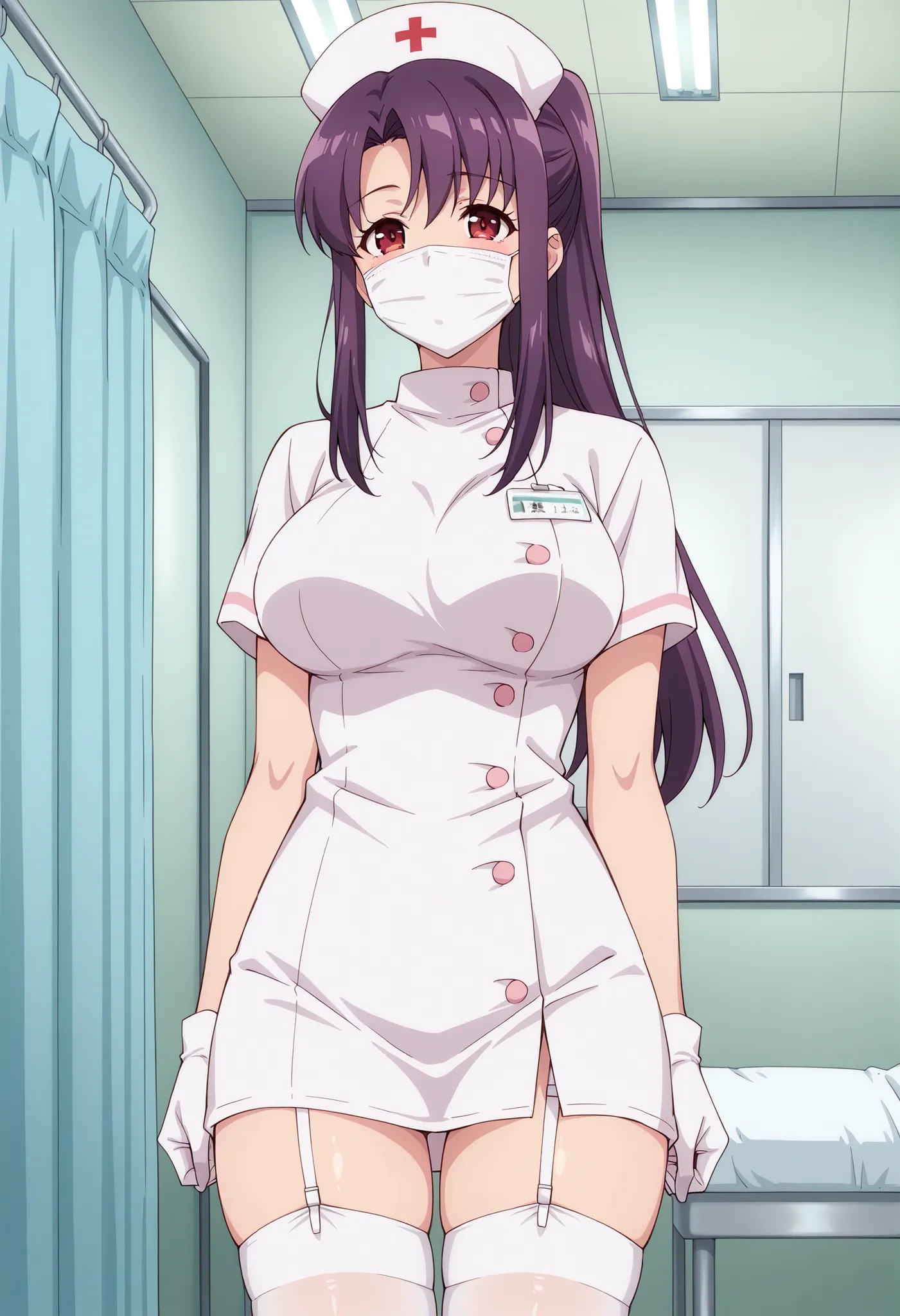 Score_9, score_8_up, score_7_up, source_anime, kitamura_cnr, solo, purple hair, ponytail, sidelocks, red eyes, large breasts, (best quality), (high quality), {masterpiece}, extremely delicate and beautiful, ultra-detailed, beautiful detailed eyes, nurse, n...