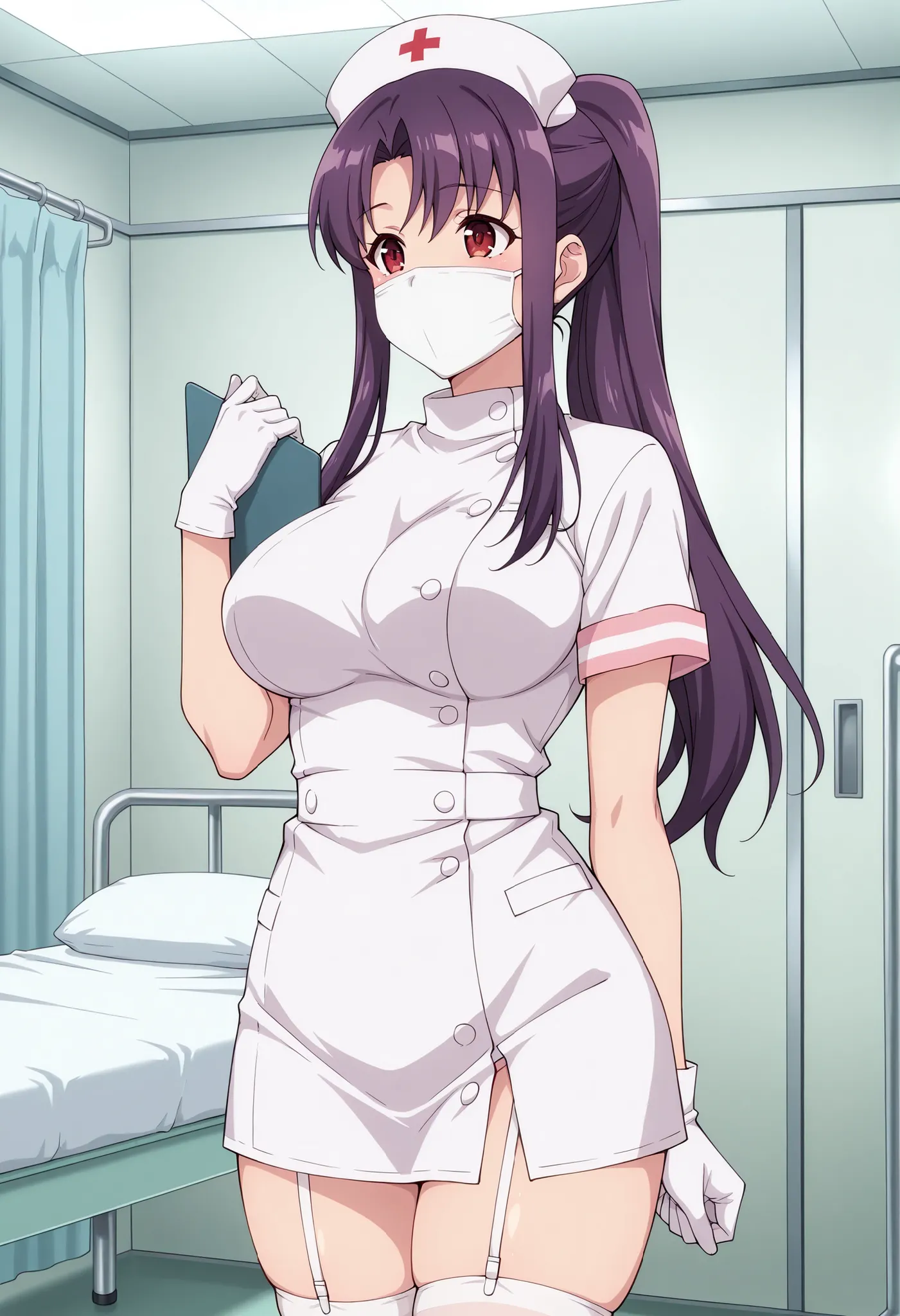 Score_9, score_8_up, score_7_up, source_anime, kitamura_cnr, solo, purple hair, ponytail, sidelocks, red eyes, large breasts, (best quality), (high quality), {masterpiece}, extremely delicate and beautiful, ultra-detailed, beautiful detailed eyes, nurse, n...