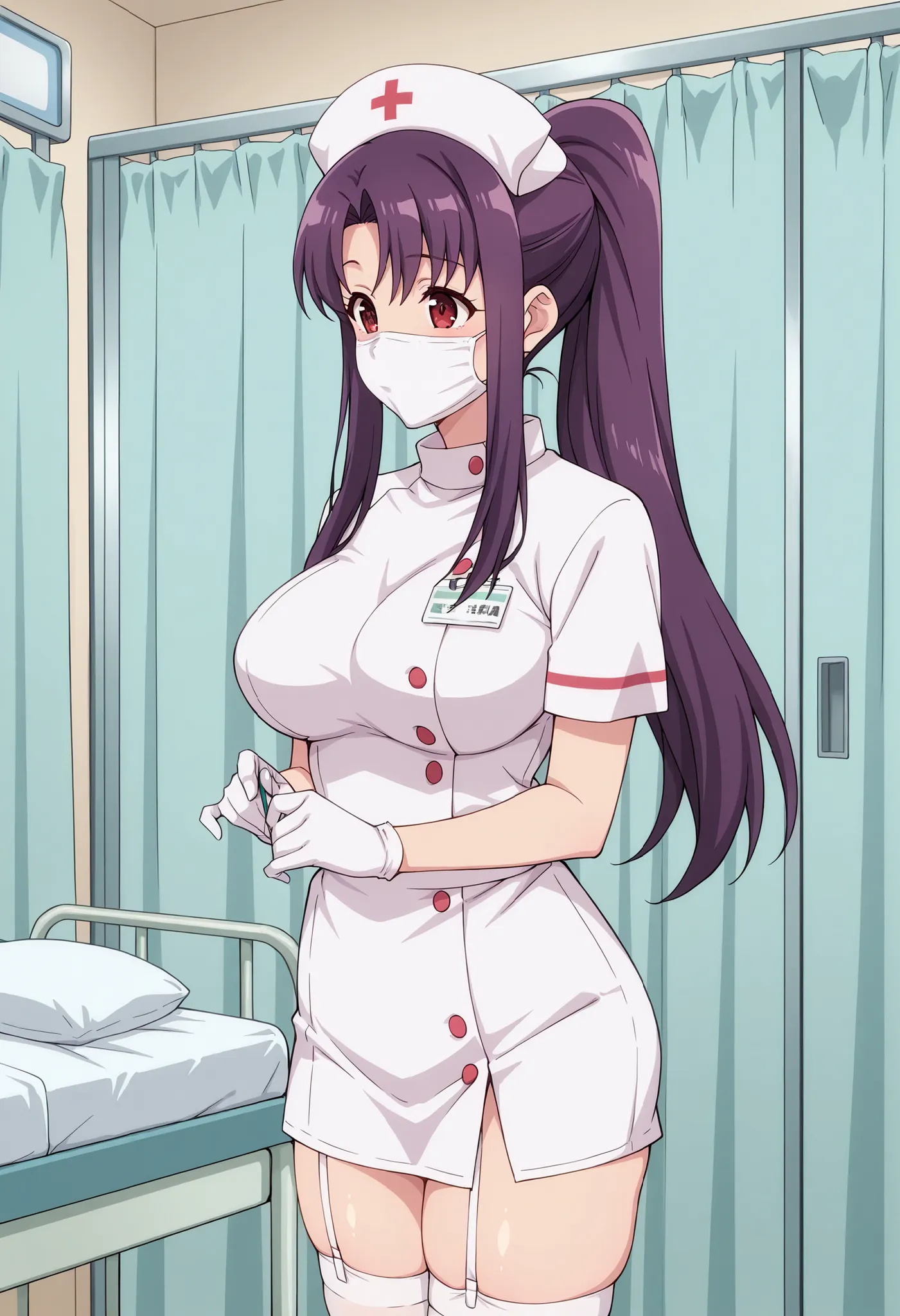 Score_9, score_8_up, score_7_up, source_anime, kitamura_cnr, solo, purple hair, ponytail, sidelocks, red eyes, large breasts, (best quality), (high quality), {masterpiece}, extremely delicate and beautiful, ultra-detailed, beautiful detailed eyes, nurse, n...