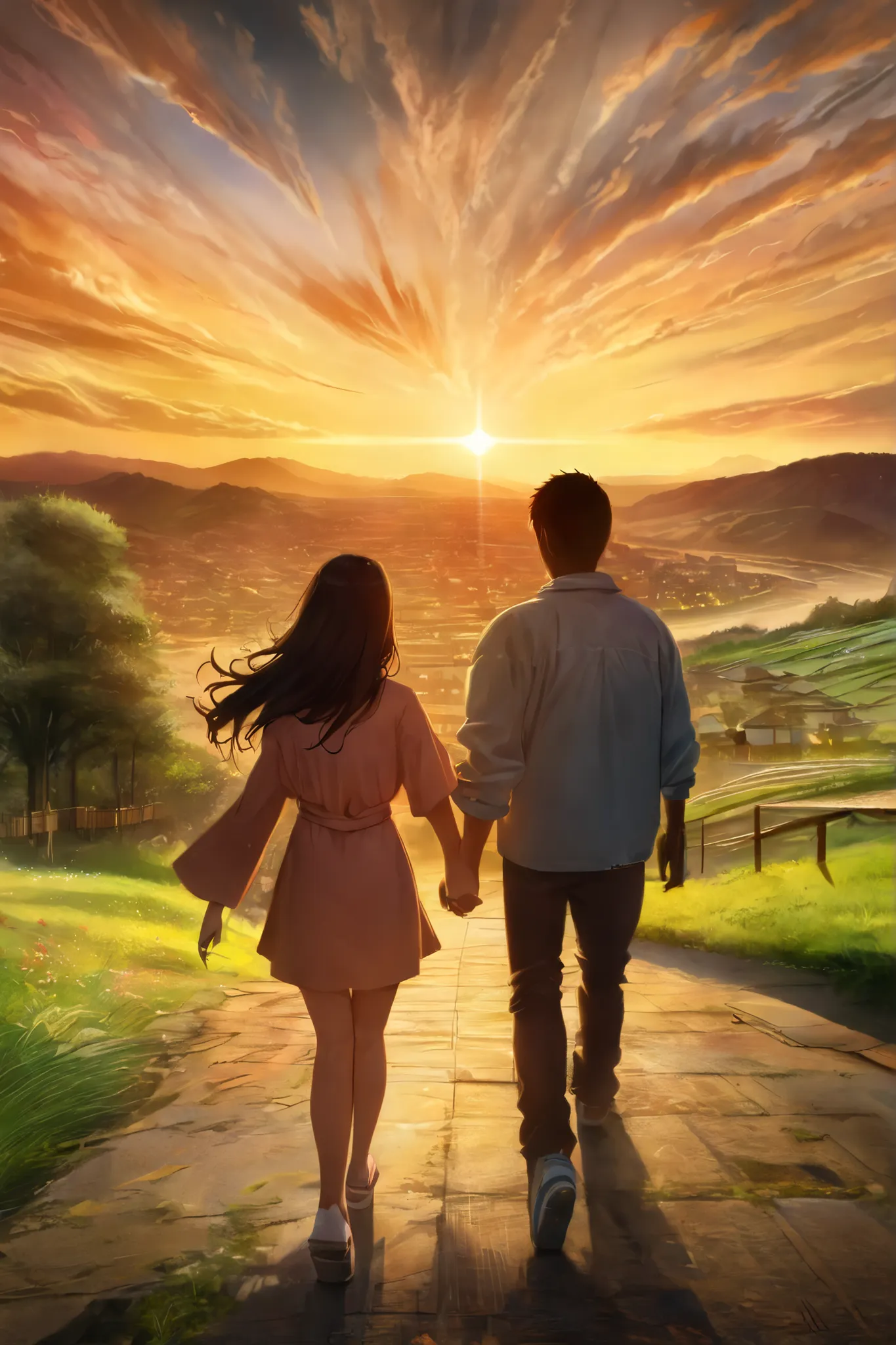 High quality 8K、greatest masterpiece、best image quality、best details、Show Your Back、full body、Distant view、20th Generation、Japanese、short haired dark haired man、long haired woman、Casual Clothes、Holding hands、1 man and 1 woman、Sunset Sky、  airplane clouds  ...