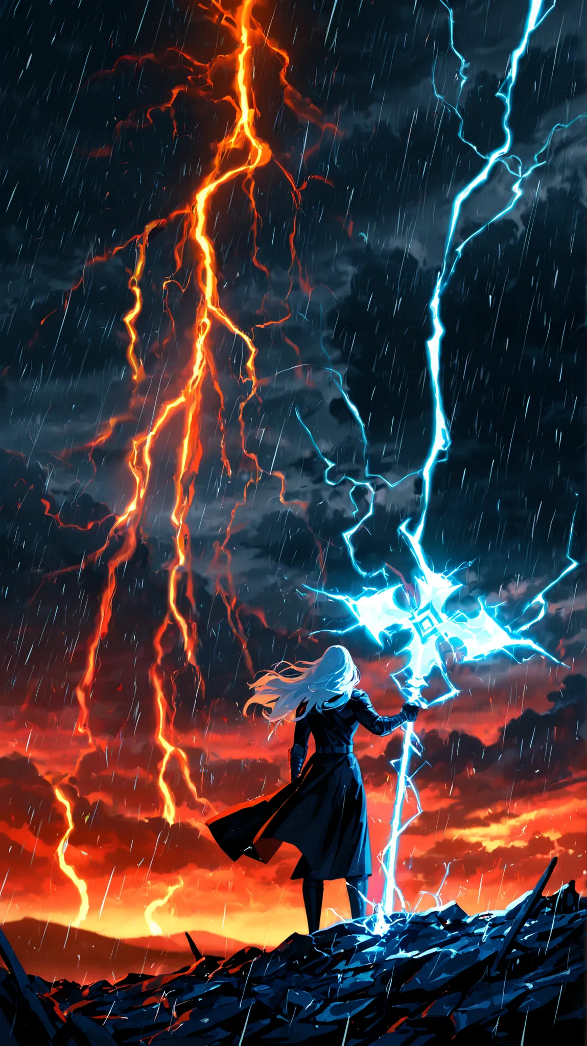 Anime-style character Thor standing confidently in a storm, rain pouring, surrounded by cracked ground and lightning in the sky, raising a glowing ancient hammer towards the sky, black and white sketch style with blue electric energy coming from the hammer...