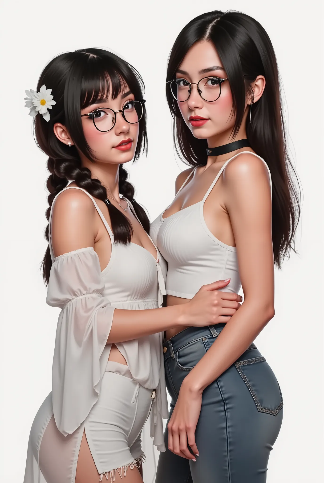 two girls, girfriends, a couple of girls, smudgy, traditional art, liu2, brush texture, score_9, score_8_up, score_7_up, 1girl, black hair, braids, straight hair, long hair, grey eyes, thick lips, small, long eyelashes, half-closed eyes, black-framed eyewe...