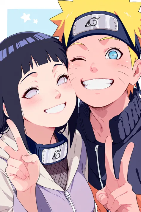 1girl, 1boy, couple, cheek-to-cheek, uzumaki naruto_(naruto_shippuuden),, hyuuga_hinata_(naruto_shippuuden) , upper body, v, minimalist coloring, smile, teeth, bright background, masterpiece, best quality, very aesthetic