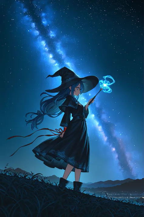 (((Best quality, 8k, Masterpiece: 1.3)), ((best quality)), ((masterpiece)), (detailed), perfect face, perfect body, (detailed skin:1.3), (intricate details), blue hair, witch, magic wand, fantasy, Night view, background (Milky Way), Her hair is tied up wit...